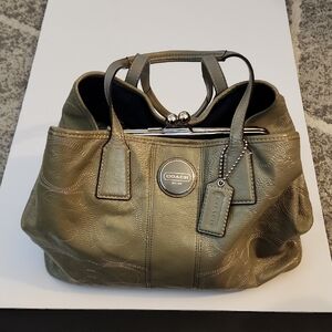 Coach Signature Stitch Patent Leather Kisslock Green Carryall Satchel.